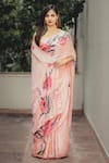 Buy_Muksweta_Peach Silk Satin Hand Painted Floral Saree _at_Aza_Fashions