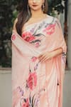 Shop_Muksweta_Peach Silk Satin Hand Painted Floral Saree _at_Aza_Fashions