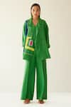 Buy_MINI SONDHI_Green Linen Embroidery Abstract Notched Lapel Collar Blazer And Trouser Set _at_Aza_Fashions