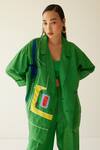 Shop_MINI SONDHI_Green Linen Embroidery Abstract Notched Lapel Collar Blazer And Trouser Set _Online_at_Aza_Fashions