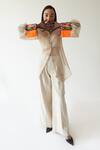 Buy_MINI SONDHI_Beige Organza And By (raw Linen) Thread, Sheer Shirt And Trouser Set_at_Aza_Fashions