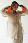 Buy_MINI SONDHI_Beige Organza And By (raw Linen) Thread, Sheer Shirt And Trouser Set_Online_at_Aza_Fashions