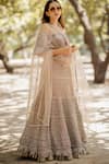 Nikita Vishakha_Brown Skirt Mesh Top Organza Dupatta Tulle Plain One Shoulder Set With Off _Online_at_Aza_Fashions