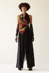 Buy_MINI SONDHI_Black Crepe, Crinckled Georgette Geometric V Neck Draped Jacket And Trouser Set_at_Aza_Fashions