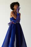 Buy_MINI SONDHI_Blue Rabbit Crepe Embroidery Burning Man V Neck Draped Jacket And Trouser Set _Online_at_Aza_Fashions