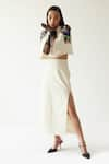 MINI SONDHI_Cream Crepe Embroidery Bead Shawl Collar Sleeve Jacket And Skirt Set _Online_at_Aza_Fashions