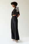 Shop_MINI SONDHI_Black Crepe Appliques Geometric Pattern Lapel Cropped Jacket And Trouser Set _at_Aza_Fashions