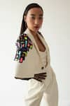 Buy_Mini Sondhi_Cream Crepe Appliques Geometric Pattern Cropped Jacket And Trouser Set _Online_at_Aza_Fashions