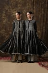 Maison Shefali_Black Kurta Cotton Dupatta Handspun Mul Embroidered Anarkali Palazzo Set _Online_at_Aza_Fashions