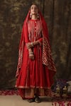 Maison Shefali_Red Kurta Cotton Dupatta Handspun Mul Embroidered Anarkali Palazzo Set _Online_at_Aza_Fashions