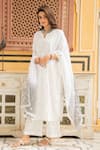 Buy_Maison Shefali_White Cotton Embroidery V Neck Mirror Embellished Kurta Set _at_Aza_Fashions