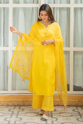 Maison Shefali_Yellow Cotton Embroidery V Neck Mirror Embellished Kurta Set _Online_at_Aza_Fashions