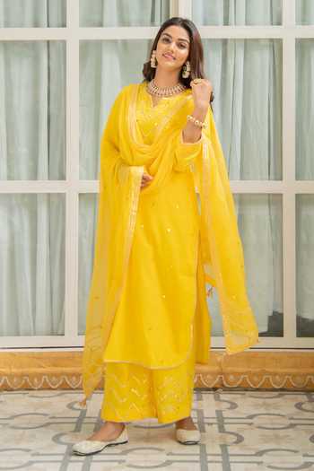 Buy_Maison Shefali_Yellow Cotton Embroidery V Neck Mirror Embellished Kurta Set _Online_at_Aza_Fashions