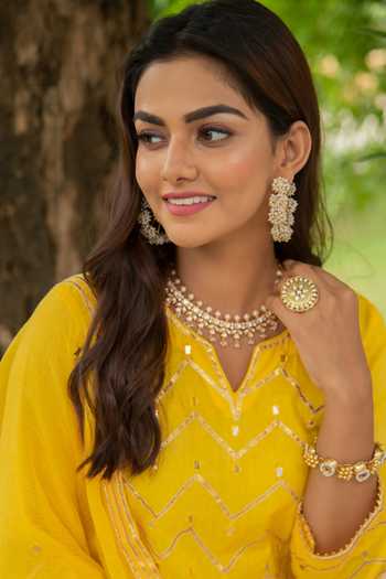 Shop_Maison Shefali_Yellow Cotton Embroidery V Neck Mirror Embellished Kurta Set _Online_at_Aza_Fashions