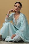 Maison Shefali_Blue Cotton, Kota Doria Embroidered Kurta Set _Online_at_Aza_Fashions