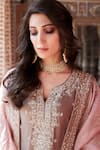 Shop_MATSYA_Beige Chanderi Silk Embroidery Sequin Notched Kurta Sharara Set _at_Aza_Fashions