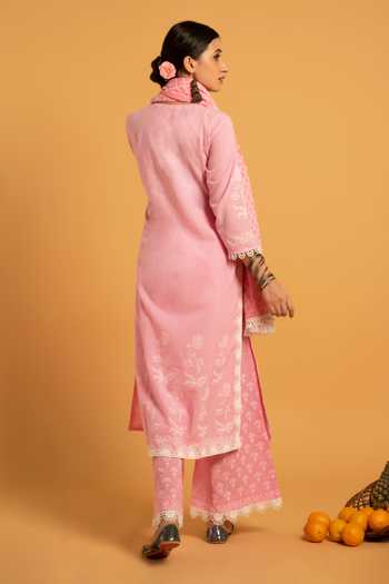 Shop_Maison Shefali_Pink Cotton Embroidery Round Floral Print Kurta Set _at_Aza_Fashions