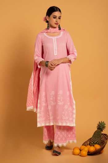 Maison Shefali_Pink Cotton Embroidery Round Floral Print Kurta Set _Online_at_Aza_Fashions