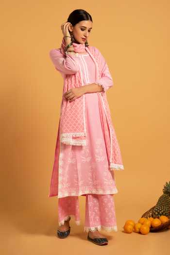Buy_Maison Shefali_Pink Cotton Embroidery Round Floral Print Kurta Set _Online_at_Aza_Fashions