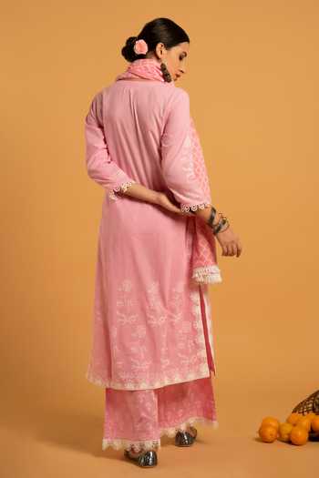 Shop_Maison Shefali_Pink Cotton Embroidery Round Floral Print Kurta Set _Online_at_Aza_Fashions