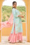 Maison Shefali_Blue Kurta And Dupatta Chanderi Pant V Neck Sharara Set _Online_at_Aza_Fashions
