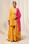 Masaba_Yellow Crepe Round Triangular Flower Sharara Set For Women_Online_at_Aza_Fashions