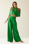 Buy_Mini Sondhi_Green Crepe Embroidered Upcycled Cape Sleeve Jacket And Trouser Set _at_Aza_Fashions