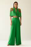 Shop_Mini Sondhi_Green Crepe Embroidered Upcycled Cape Sleeve Jacket And Trouser Set _Online_at_Aza_Fashions