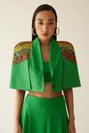 Mini Sondhi_Green Crepe Embroidered Upcycled Cape Sleeve Jacket And Trouser Set _at_Aza_Fashions