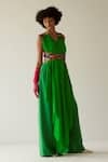 Buy_MINI SONDHI_Green Crepe Embroidered Applique V Neck Drape With Trouser Set _at_Aza_Fashions