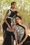 Mishru_Black Chanderi And Crepe Embroidered Thread Aurora Jacket Saree Set  _Online_at_Aza_Fashions