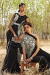 Buy_Mishru_Black Chanderi And Crepe Embroidered Thread Aurora Jacket Saree Set  _Online_at_Aza_Fashions