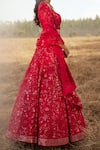 Shop_Mishru_Red Silk Embroidered Floral Scoop Neck Eliza Bridal Lehenga Set  _at_Aza_Fashions