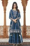 Buy_Matsya_Blue Chanderi Silk Sequin And Thread Round Kurta Sharara Set_at_Aza_Fashions