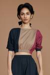 Shop_MATI_Grey Cotton Colour Block High Neck Crop Top_Online_at_Aza_Fashions