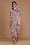 MATI_Pink Cotton Hand Woven Striped High Neck Kangaroo Pocket Dress _Online_at_Aza_Fashions