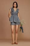 Buy_MATI_Grey 100% Cotton Printed Stripes V Neck Top And Shorts Set _at_Aza_Fashions