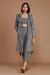 Buy_MATI_Grey 100% Cotton Printed Stripes Corset Sweetheart Trench Coat And Pant Set _at_Aza_Fashions