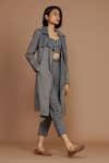 MATI_Grey 100% Cotton Printed Stripes Corset Sweetheart Trench Coat And Pant Set _Online_at_Aza_Fashions