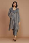 Buy_MATI_Grey 100% Cotton Printed Stripes Corset Sweetheart Trench Coat And Pant Set _Online_at_Aza_Fashions