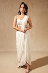 Chamee And Palak_White Bustier And Jacket Silk, Saree Georgette Embroidered & Pre-draped Set_Online_at_Aza_Fashions
