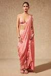 Chamee and Palak_Peach Saree Georgette Embroidered Pre-draped Ruffle With Jacket  _Online_at_Aza_Fashions