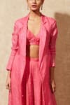 Chamee and Palak_Pink Pant Georgette Embroidered Jacket Notched Trench Coat And Set  _Online_at_Aza_Fashions