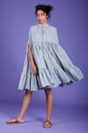 MATI_Blue Cotton Striped Cape Dress_Online_at_Aza_Fashions