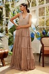 Buy_Nikita Vishakha_Brown Georgette Plain V Neck Mesh Tiered Gown _at_Aza_Fashions