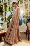 Buy_Nikita Vishakha_Brown Georgette Plain V Neck Mesh Tiered Gown _Online_at_Aza_Fashions