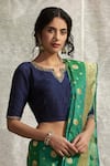 Weaver Story_Blue Raw Silk Floral, Zardozi Work Round Hand Embroidered Blouse _Online_at_Aza_Fashions