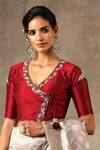 Weaver Story_Maroon Raw Silk Floral V Neck Hand Embroidered Angrakha Style Blouse _Online_at_Aza_Fashions