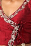 Buy_Weaver Story_Maroon Raw Silk Floral V Neck Hand Embroidered Angrakha Style Blouse _Online_at_Aza_Fashions