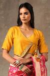 Buy_Weaver Story_Yellow Muga Silk Hand Embroidered Floral V Neck Angrakha Style Blouse _at_Aza_Fashions